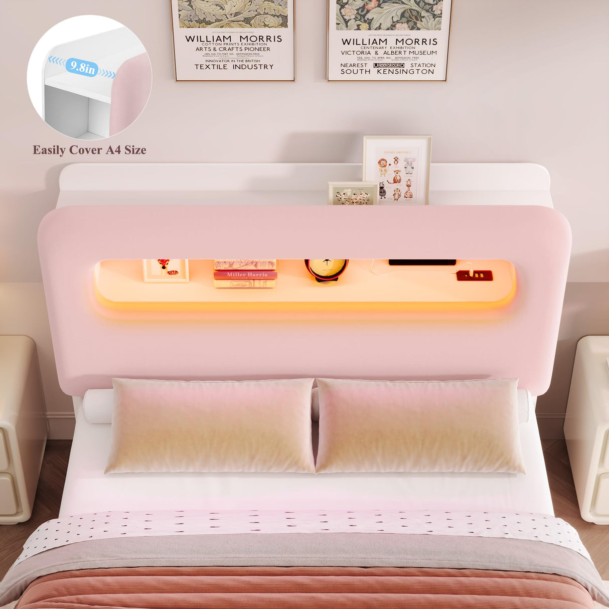 HOSTACK Full LED Bed Frame with Storage Headboard and Charging Station, Girls Bed Frame with 2 Drawers and USB Ports, Velvet Upholstered Platform Bed Frame with Bookcase, No Box Spring Needed, Pink HOSTACK