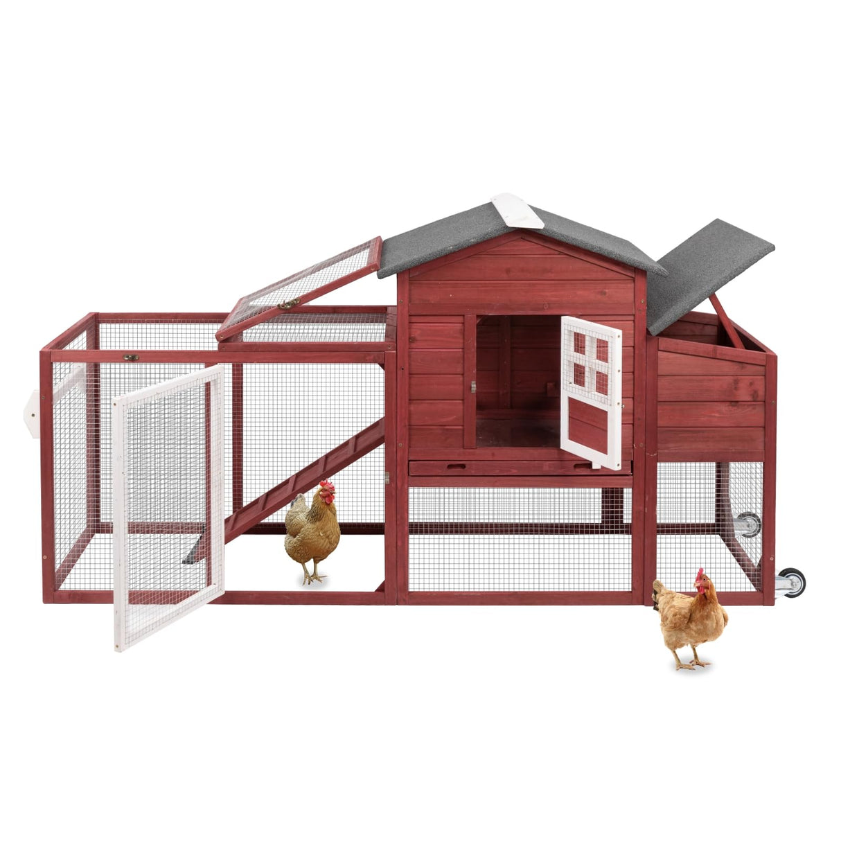 Ketive Wooden 79" Chicken Coop with Wheels Asphalt Roof Nest Boxes Pull-Out Trays - All Solid Wood and Galvanized Wire Mesh Chicken House Against Snakes, Weasels ketive