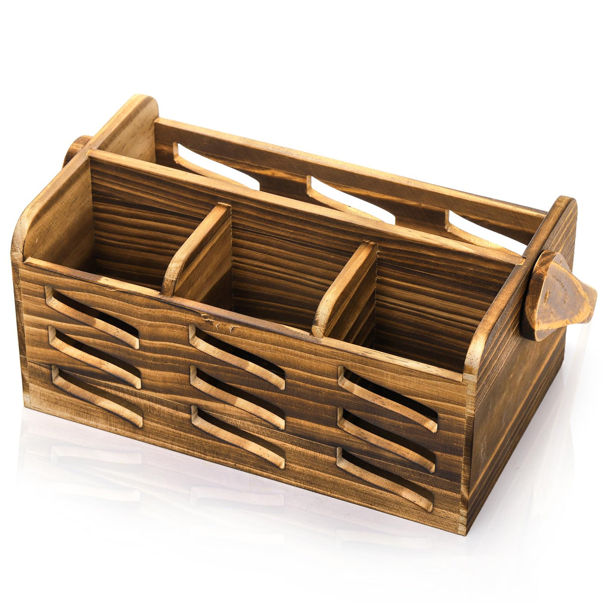 Noamus Silverware Caddy with Handle, 4 Compartments Wooden Flatware Utensil Holder, Cutlery Organizer Napkin Storage for Countertop, Kitchen Bathroom Bedroom, Farmhouse Decor, Party Camping Picnic Noamus