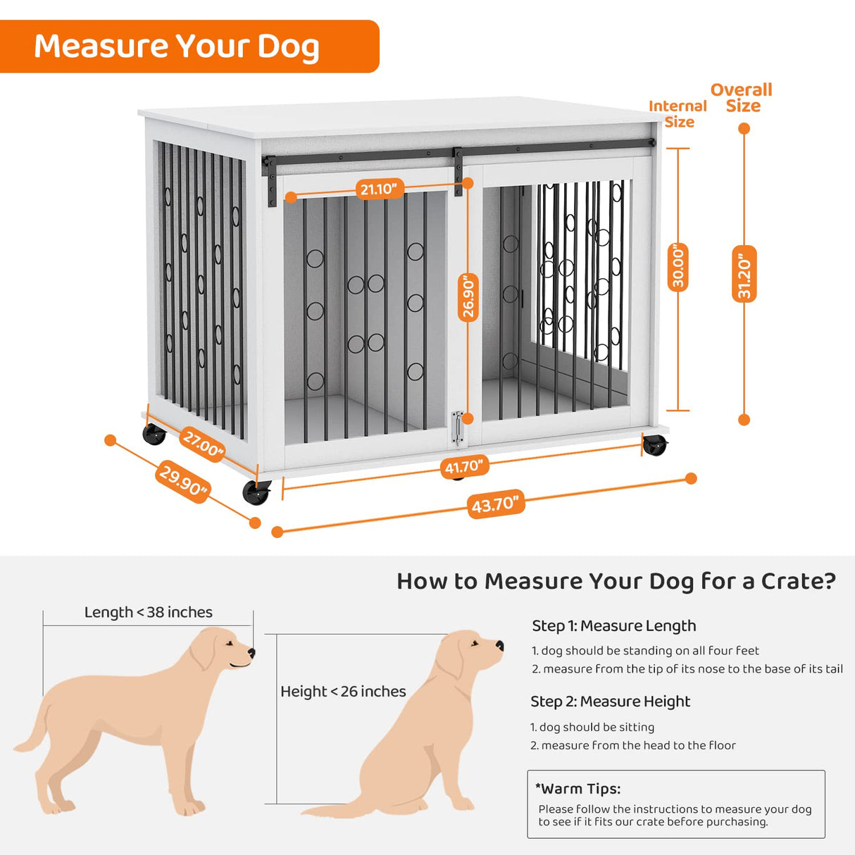 IchbinGo Large Dog Crate Furniture with Sliding Barn Door, 43.7" Wooden Dog Kennel End Table with Wheels and Flip-top Plate Dog House with Detachable Divider for Small/Medium/Large Dog (White) IchbinGo