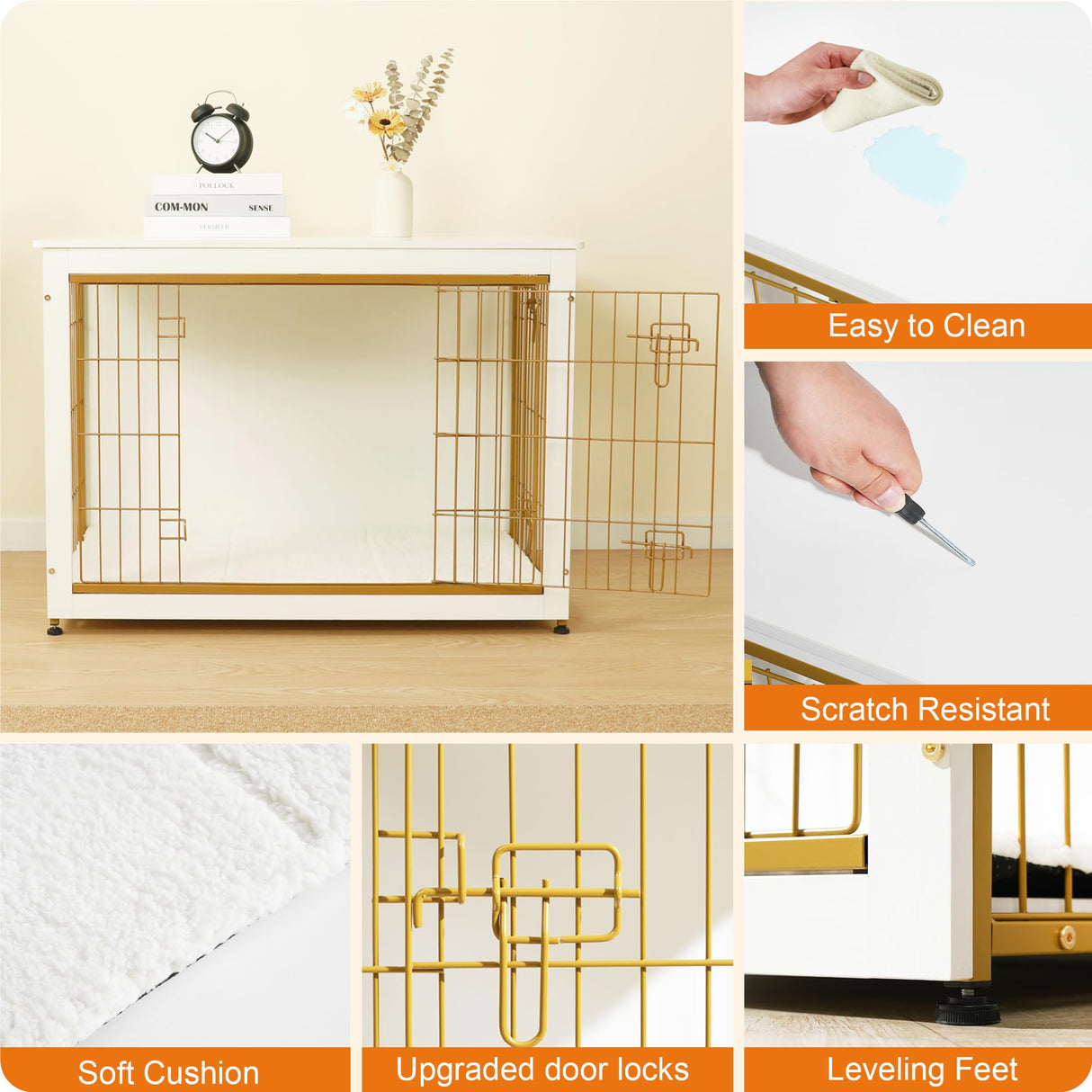 DWANTON Dog Crate Furniture with Cushion, Wooden Kennel Table with Double Doors, Indoor Dog House, Large Size, 38.5" L, White Dwanton