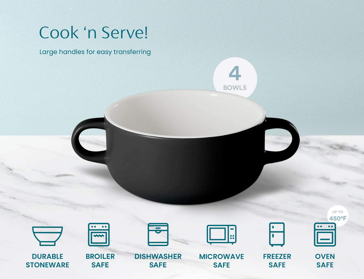 Kook Soup Crocks, Ceramic Bowls, Broil, Oven, Microwave and Dishwasher Safe, with Handles, For Casserole, Pasta, Cereal, 18 oz, Set of 4 (Black) KooK