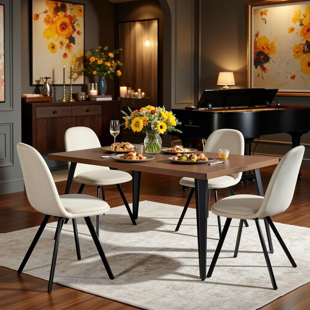 HomyCasa 5-Piece Mid-Century Dining Set, 63" Rectangular Table & 4 Swivel Upholstered Chairs (Fabric/Suede), Sturdy Metal Frame, Perfect for Kitchen, Dining Room, Office, or Restaurant (Brown & White) Homy Casa