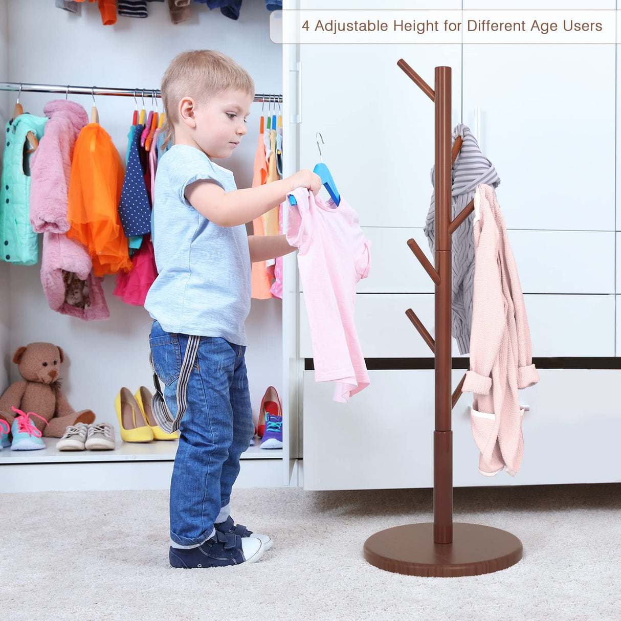 Wooden Coat Rack Freestanding Coat Tree with 4 Height Options and 9 Hooks, Sturdy Coat Rack Stand for Clothes/Bags/Hats, Easy Assemble Save Space for Entryway,Bedroom,Office,Narrow Place (Brown) Bamdibola