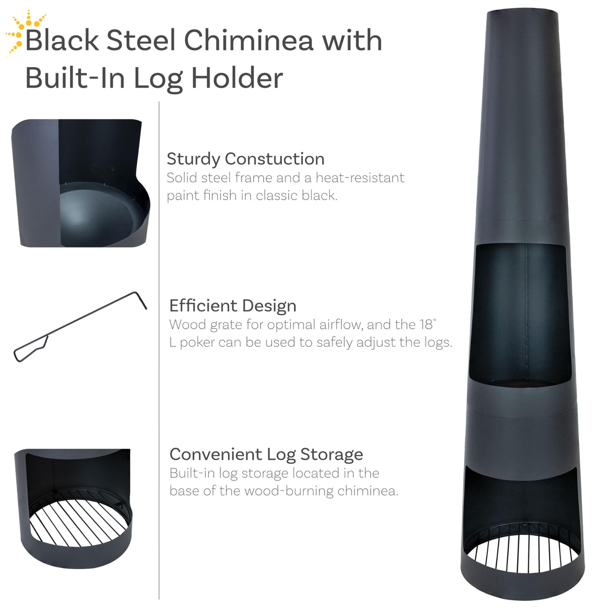 Sunnydaze 59" H Steel Outdoor Chiminea Fire Pit with Built-in Log Holder - Metal Fireplace with Chimney - Includes Poker Sunnydaze
