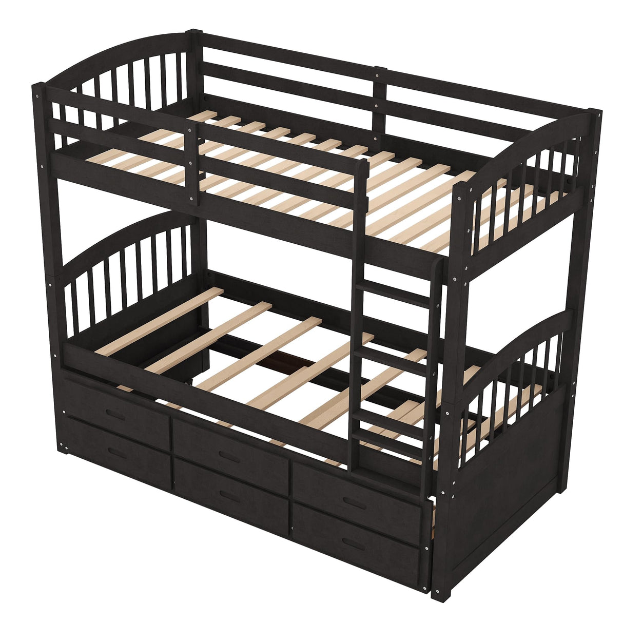 Ball & Cast Twin Over Twin Bunk Bed with Trundle & 3 Drawers, Convertible Solid Wood Bed Frame with Ladder & Full Length Guardrails, Detachable Bunk Beds for Kids,Teens,Space Saving, Espresso Ball & Cast
