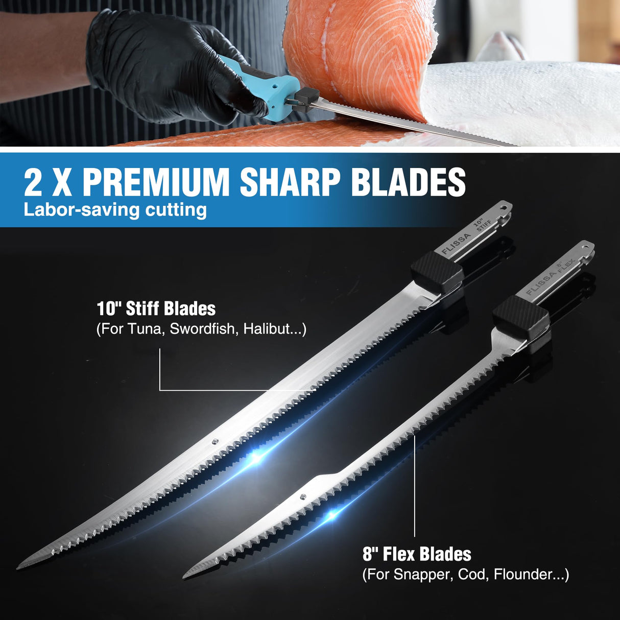 FLISSA Cordless Electric Fillet Knife for Fish with 8" and 10" Stainless Steel Blades, Rechargeable Electric Knife with Non-Slip Handle, 2 Packs Long Lasting Lithium-ion Battery, Portable Carry Case FLISSA