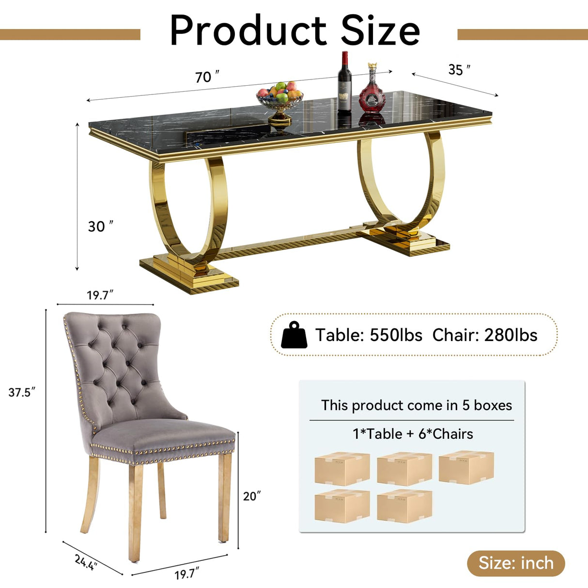 7-Piece Dining Table Set with 6 Grey Upholstered Chairs, 70" Black Gold Faux Marble Kitchen Table Set for 6, O-Shape Pedestal Dining Room Table Set for 6, Modern Dining Table Set for 6 Nimaolt