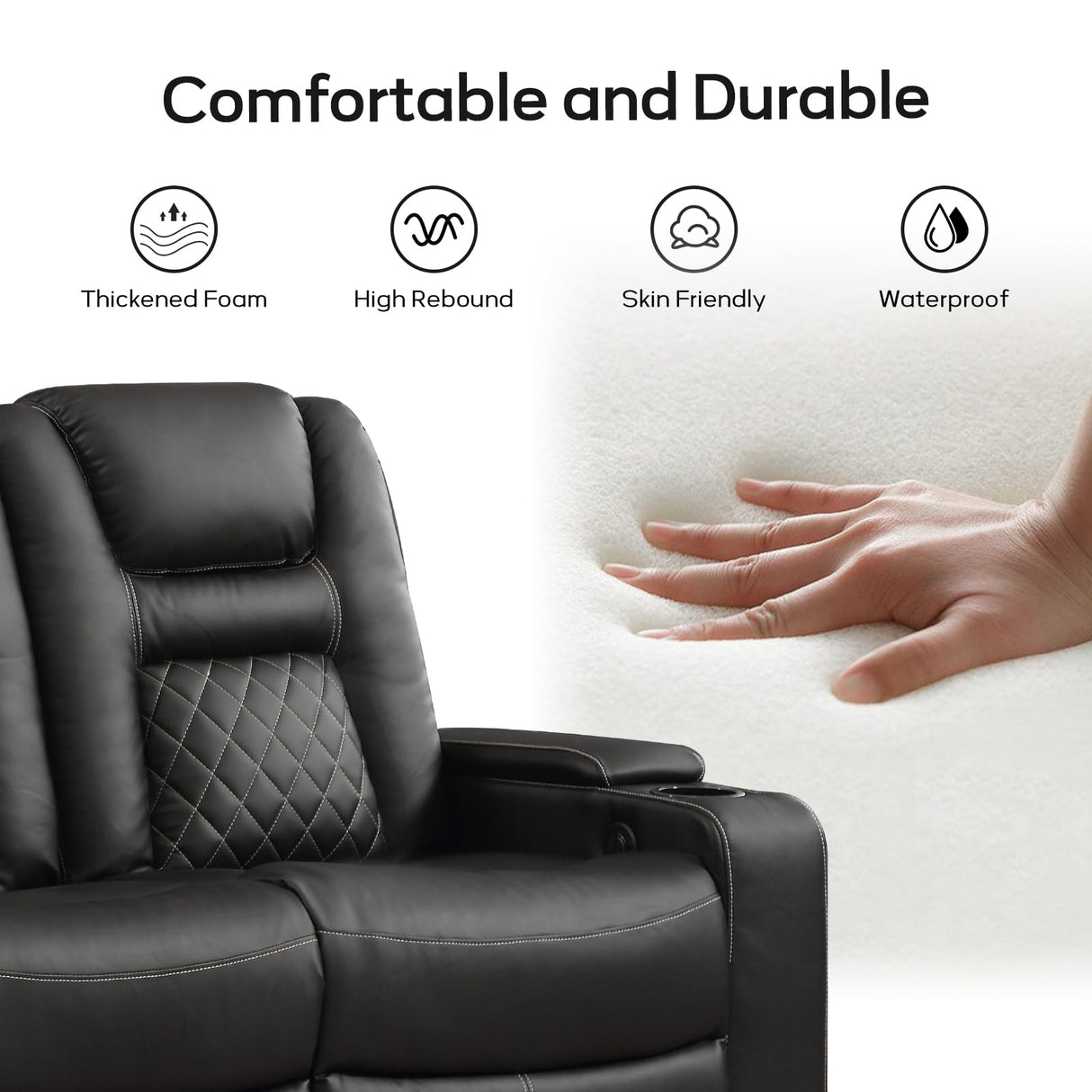 EBELLO Home Theater Seats, Faux Leather Movie 3 Seat Recliner Sofa with Hidden Arm Storage, Power Gaming Reclining Sofa with USB Charge and Cup Holders EBELLO