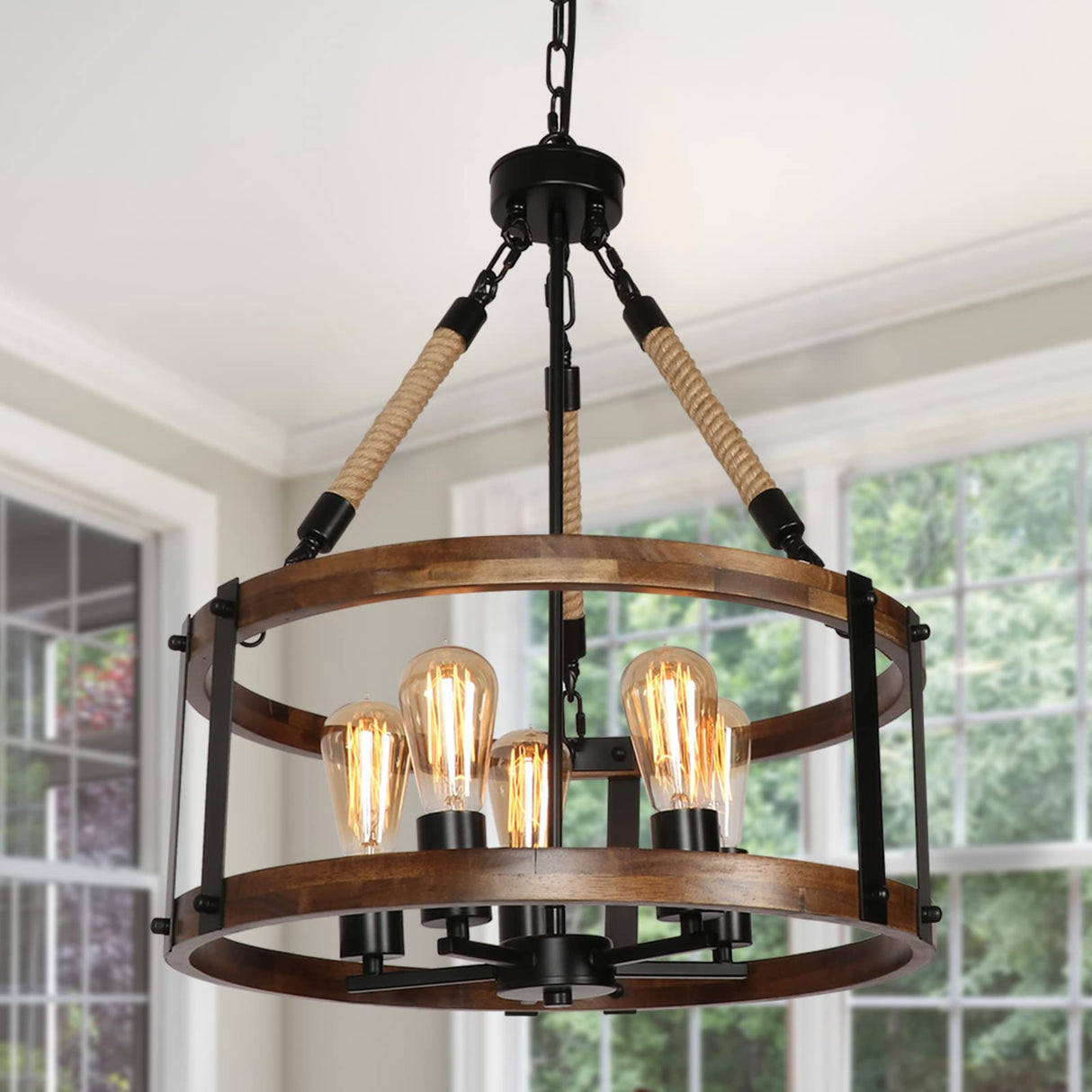 Voguad Rustic Wood Chandelier for Dining Room 5-Light, Kitchen Island Industrial Pendant Light Vintage Hanging Dining Room Farmhouse Light Fixtures Voguad
