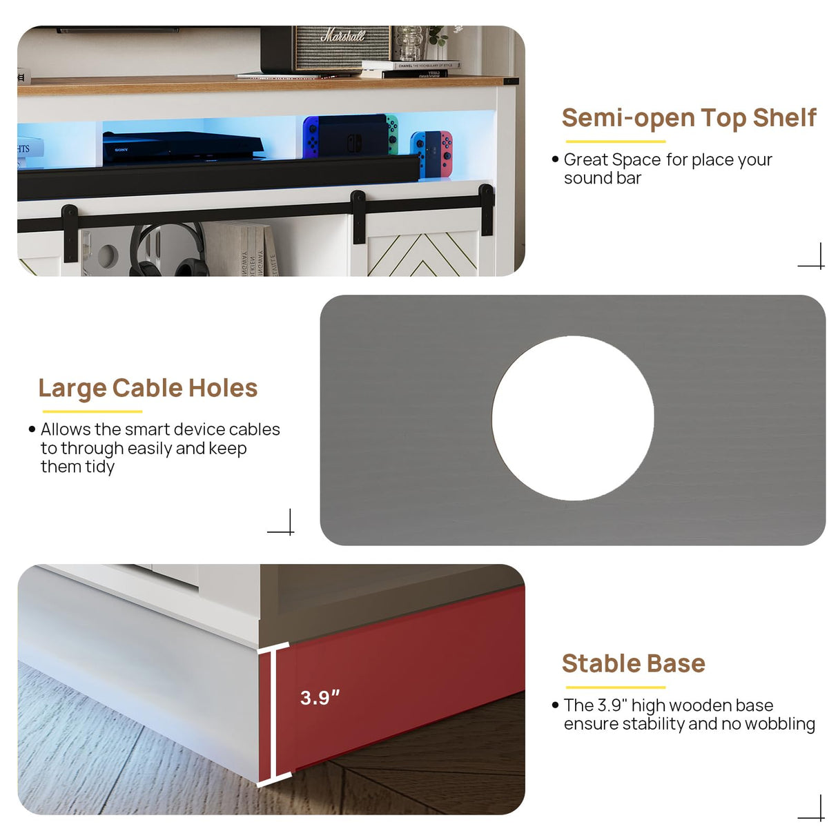 amzzar 58” Wooden Farmhouse TV Stand for 65 inch TV, Rustic Tall Entertainment Center with Power Outlets and Sliding Barn Door, TV Console Cabinet with Storage for Living Room, White, Large amzzar