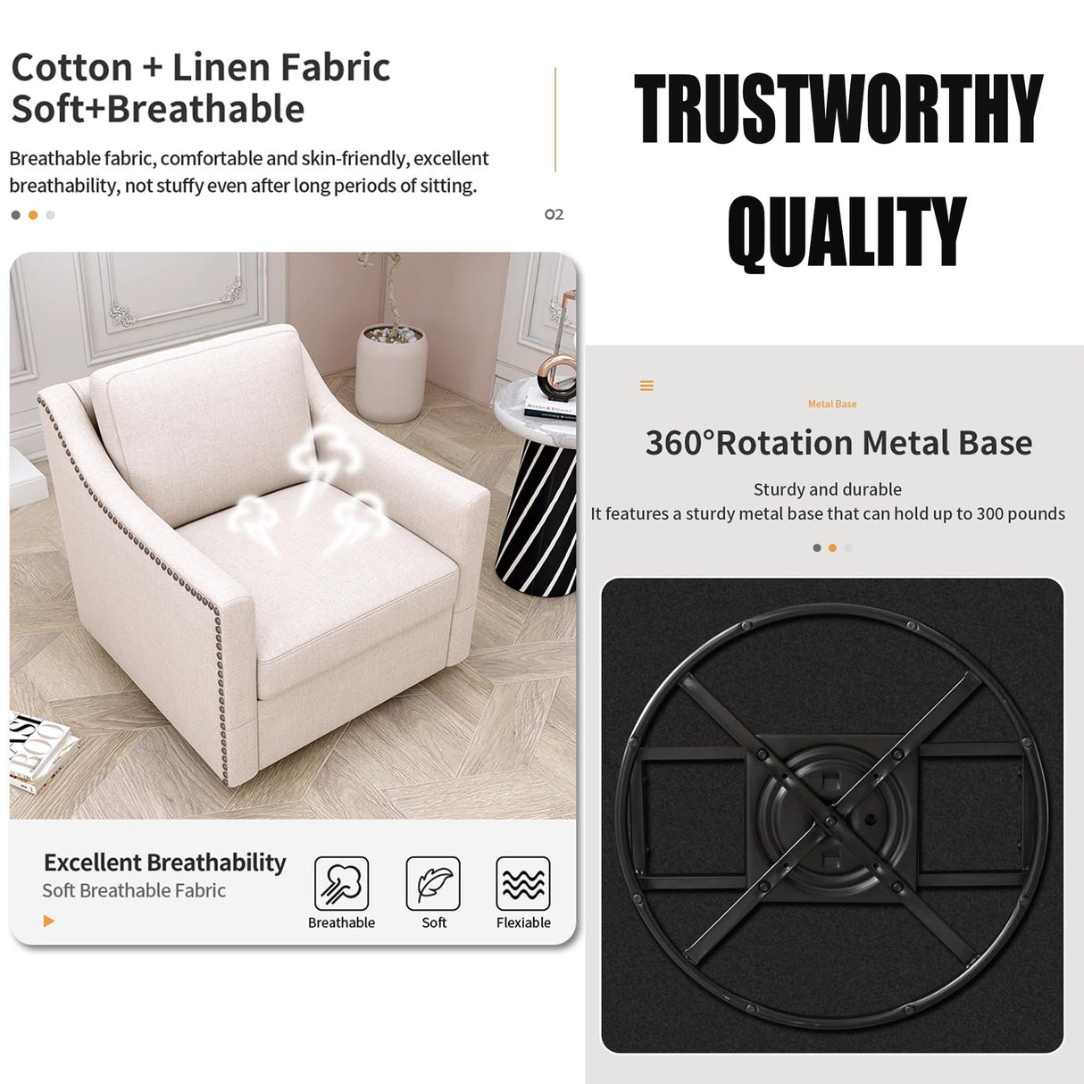 Wrofly Swivel Barrel Chair Set of 2, Oversized Swivel Accent Chair with Comfy Back Pillow, Modern Upholstered Reading Lounge Chairs for Living Room Bedroom Office Club, Beige Linen Wrofly