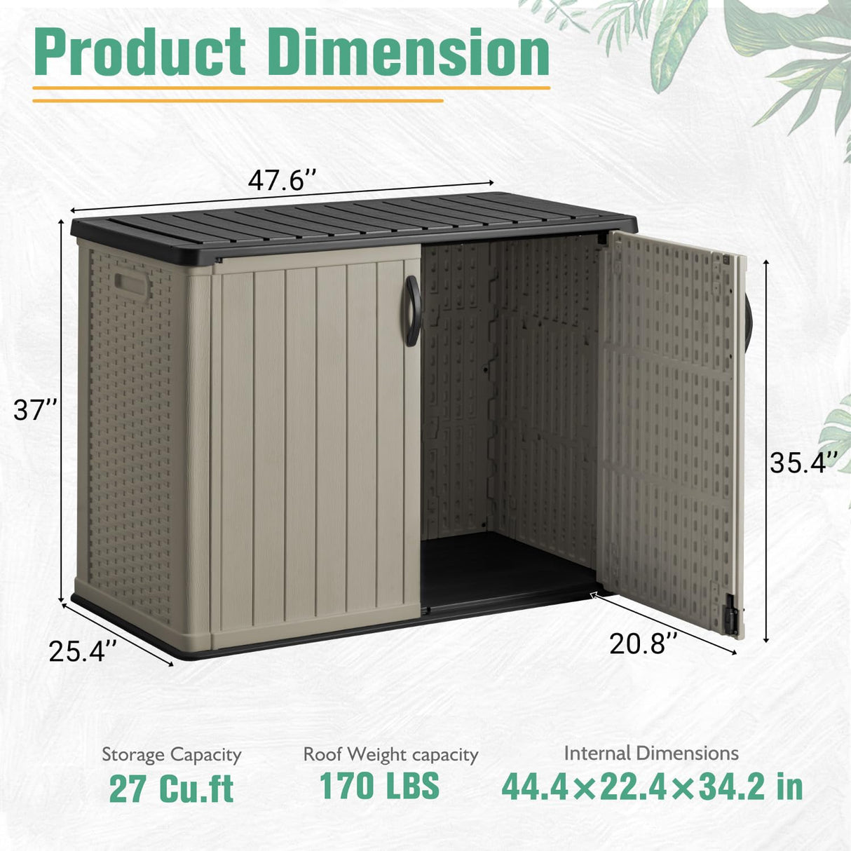 Greesum Outdoor Horizontal Storage Sheds 27 Cu.ft Resin Large Storaged Box Weather Resistance, Without Shelf, Easy to Assemble, Prefect for Garden, Patios, Backyards, Beige Greesum
