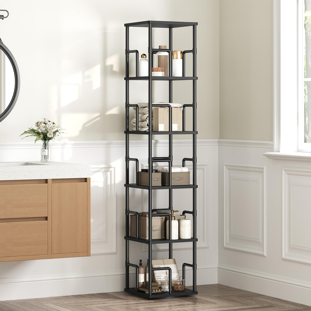 MAHANCRIS 5-Tier Rotating Bookshelf, Freestanding Corner Bookshelf, 360° Spinning Bookcase, Industrial Style Storage Rack with Rails, for Living Room, Bedroom, Study, Black BKBK1601 MAHANCRIS