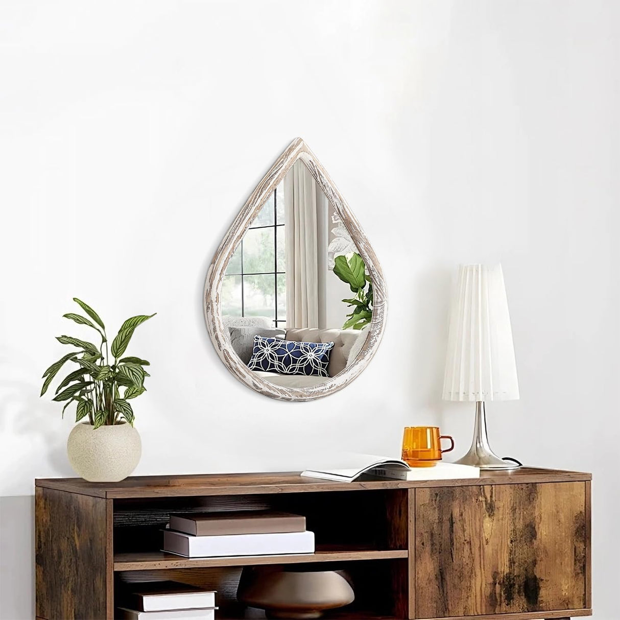 FEUFOAM Small Decorative Mirror Teardrop Mirror Wood Frame Rustic White Wall Mirror Farmhouse Hanging Mirrors for Bathroom Living Room Entryway Hallway FEUFOAM