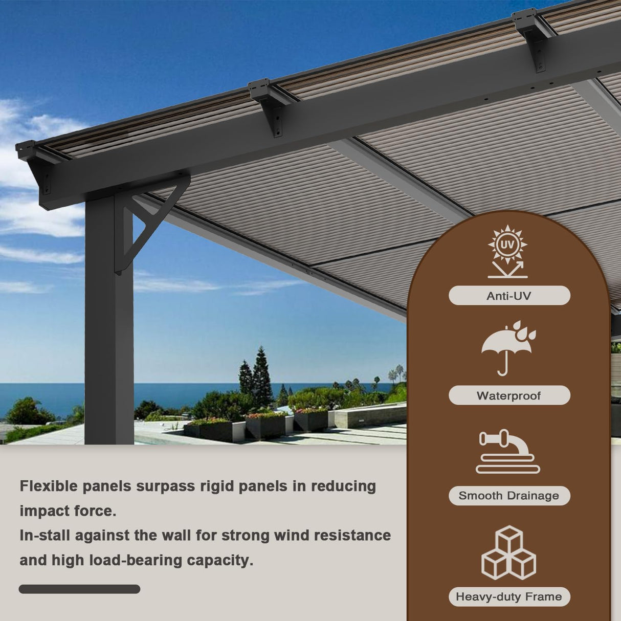 EBE 12' x 10' Gazebo, Wall Mounted Gazebo Pergola on Clearance, Hardtop Lean to Gazebo Awning with Sloped Roof, for Patio, Porch, Deck EBE