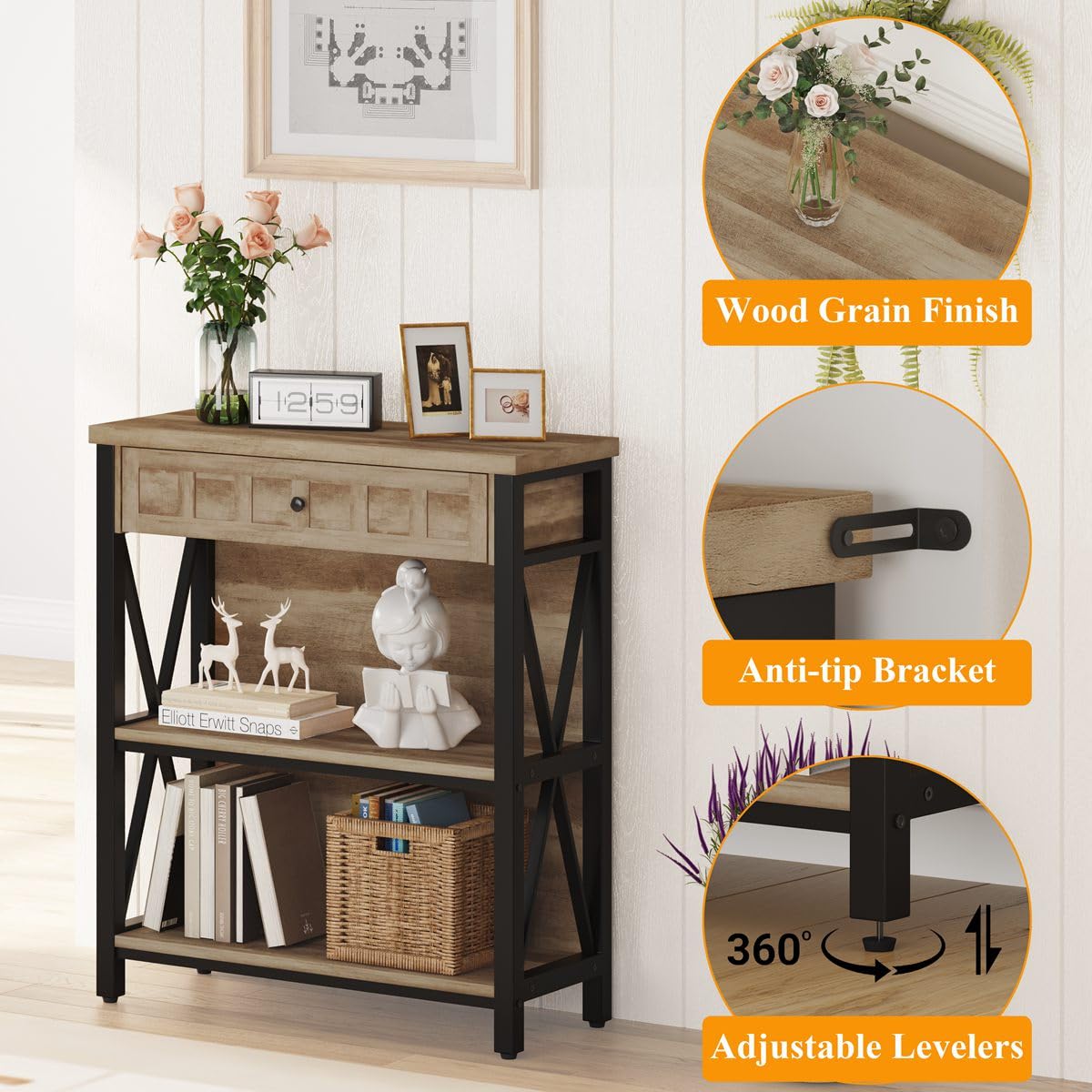 FATORRI Rustic Bookshelf with Drawer, Industrial Wood and Metal Bookcase, Small Short Book Shelf and Low Book case for Small Space (Rustic Oak) FATORRI