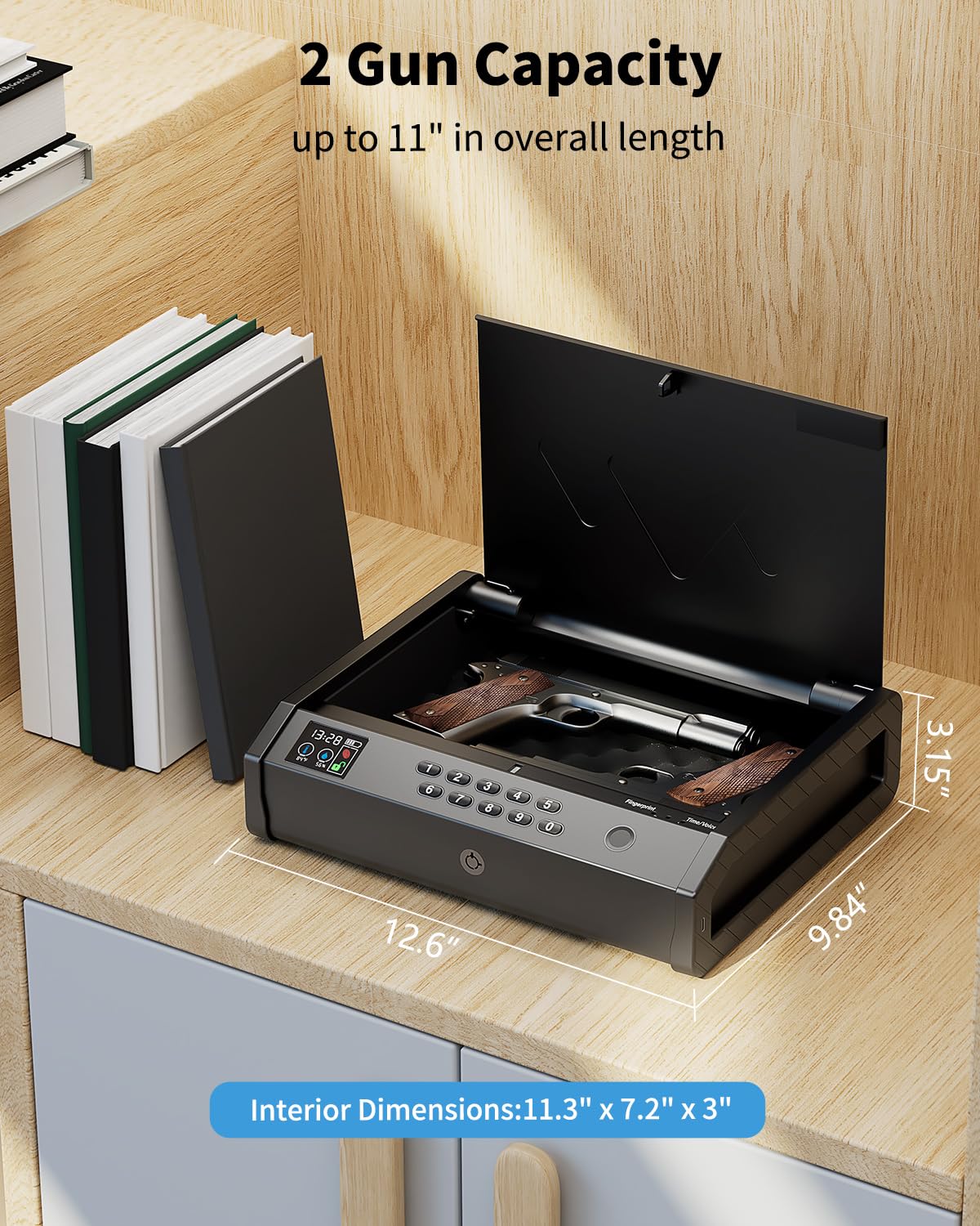 movgul Gun Safes, Biometric Pistol Safe with LCD Display of Temperature Humidity USB Port, Gun Safes 3 Ways Quick Access Fingerprint Handgun Safe for Nightstand Car movgul