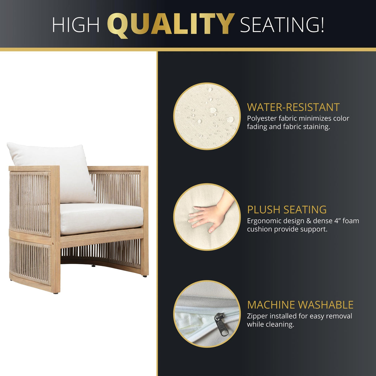 Mazatzal 4-Piece Outdoor Acacia Wood Wicker Conversation Set, Patio Furniture Set with Loveseat, 2 Armchairs, and Coffee Table, Modern Balcony Set for Garden, Yard, Backyard Mazatzal