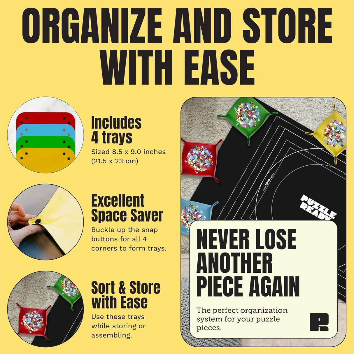 Puzzle Ready Jigsaw Puzzle Mat Roll-Up - 46″ x 29.5″ for 1500 Pieces - Portable Puzzle Board with 4 Sorting Trays, Storage Bag, Foam Roller, 3 Hook & Loop Fastener Straps Puzzle Ready