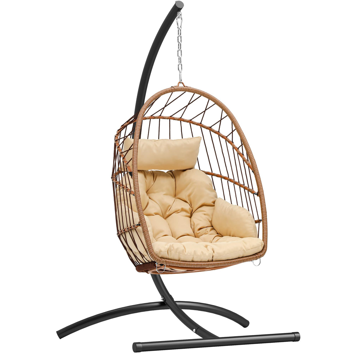 YITAHOME Hanging Egg Chair, Outdoor Patio Wicker Hammock Egg Chair Indoor with Cushion, Rattan Swing Chair 350lbs for Balcony, Garden Bedroom, Beige with Stand YITAHOME