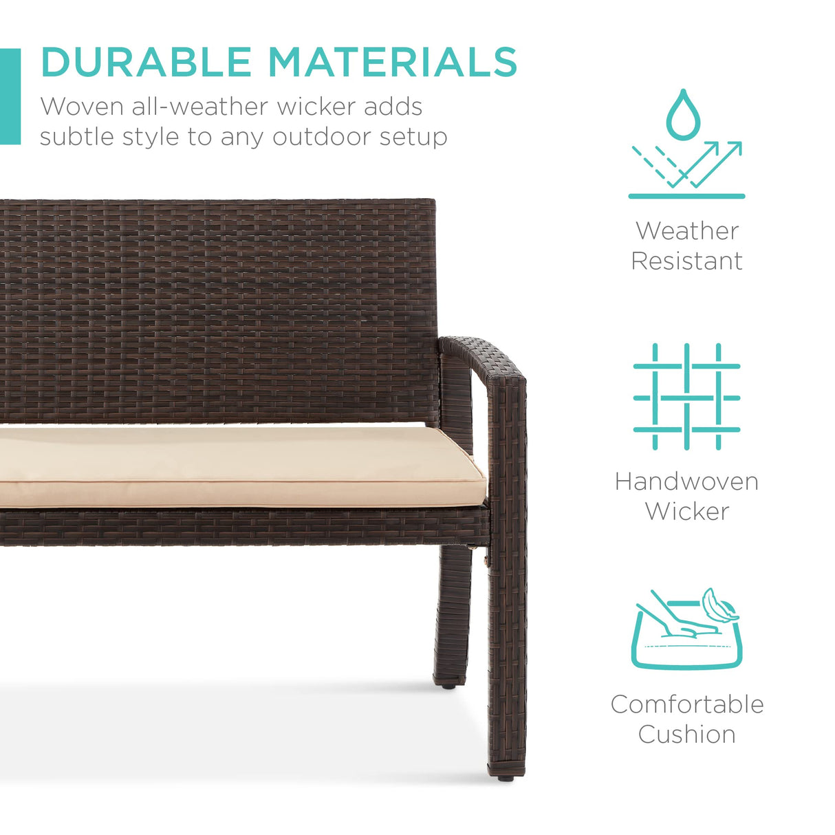 Best Choice Products Outdoor Bench 2-Person Wicker Garden Patio Benches Seating Furniture for Backyard, Porch w/Seat Cushion, 700lb Capacity - Brown/Tan Best Choice Products