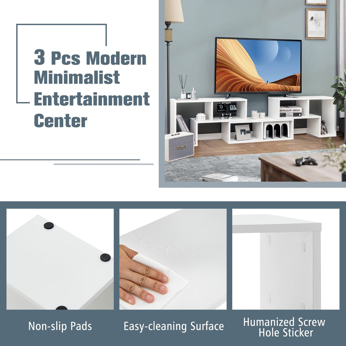 GOFLAME 3 Pieces TV Console Stand, Modern Entertainment Center for 50 55 60 65 Inch Flat Screen TV, Free Combination Bookcase for Storage & Display, Suitable for Living Room, Bedroom (White) GOFLAME