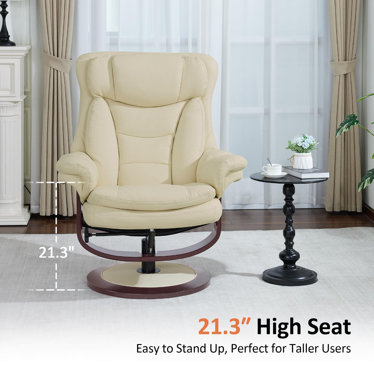 MCombo Oversized Swivel Recliner Chair with Ottoman, Adjustable Backrest, 360° Wood Base, High Seat, Faux Leather Lounge Chair for Tall Users in Living Room Office 4651 (Cream White) MCombo