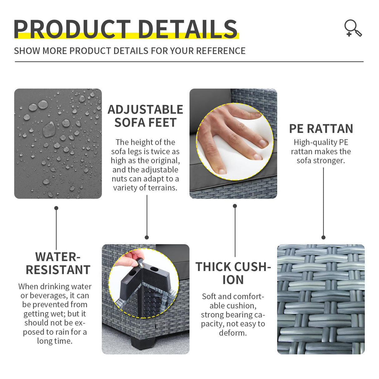 Lviden 4 Piece Wicker Patio Furniture Sets Outdoor Conversation Set PE Rattan Sectional Sofa Couch with Fire Pit Table and Grey Cushions Lviden