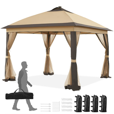 Yaheetech 11'x11' Pop Up Gazebo Instant Tent with 17 Solar LED Lights & Zippered Mesh Netting, Outdoor Shelter Sun Shade Gazebo with Sandbags for Backyard Garden Patio, Khaki & Brown