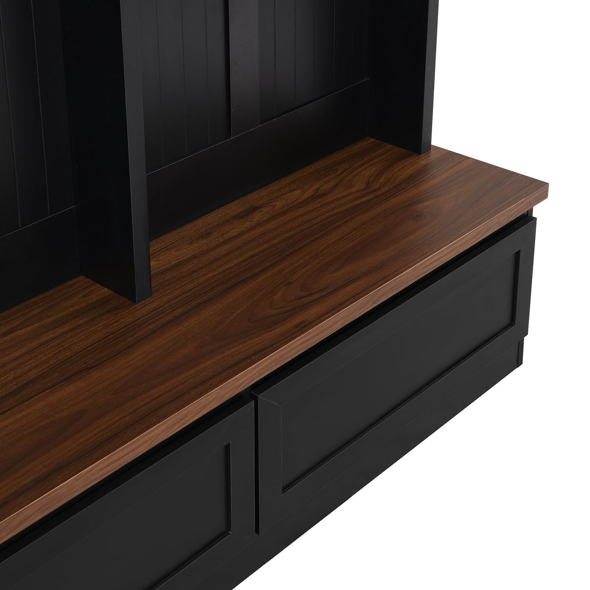 Zjjseloru Farmhouse 4-in-1 Hall Tree - Versatile Black & Dark Walnut Coat Rack with Wood Grain Bench & 2 Large Drawers, Perfect Entrance Organizer for Hallway & Living Room, Particle Board & MDF Zjjseloru