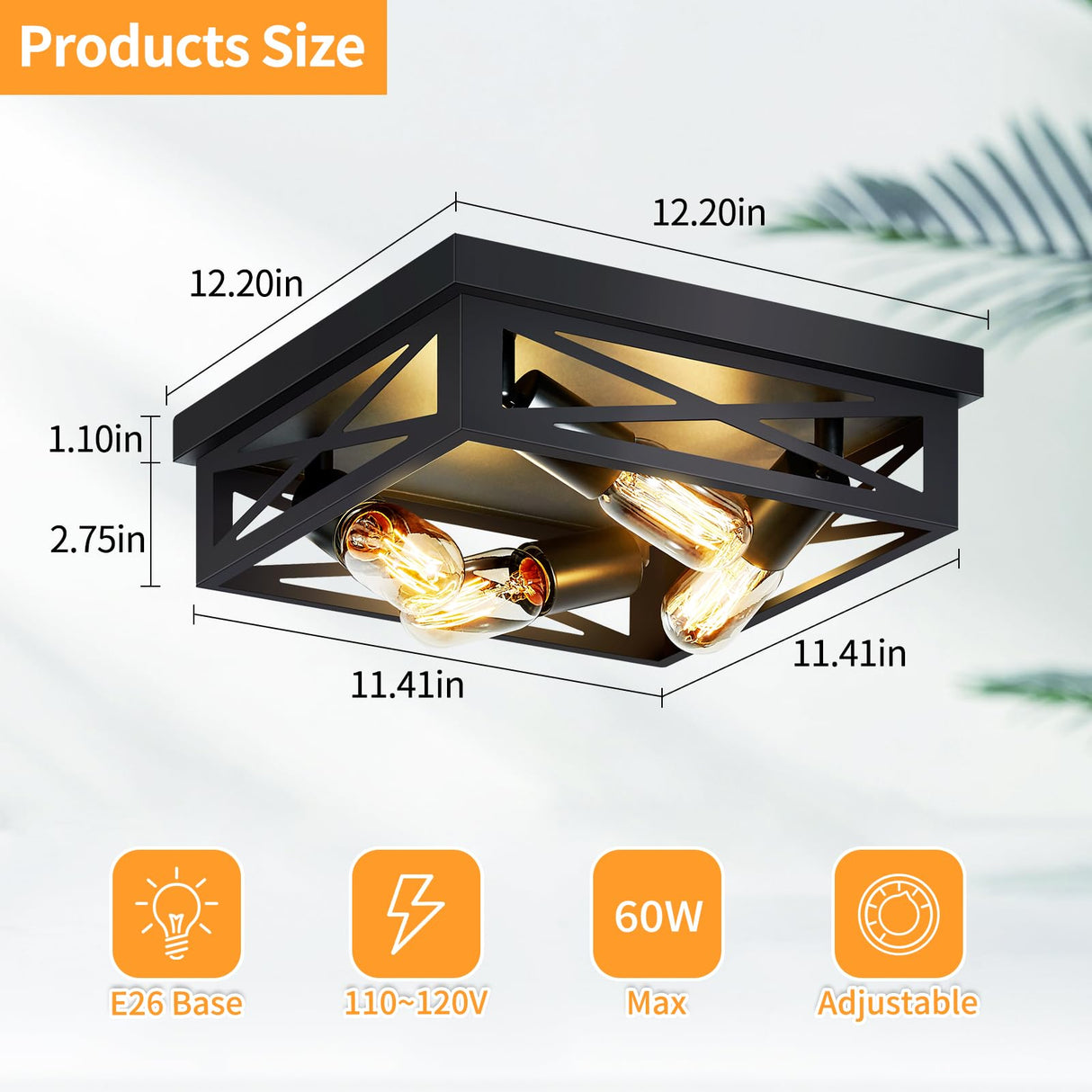 ZHU YAN Farmhouse Ceiling Light Fixture, 2 Pack Square Black Metal Cage Ceiling Lamp for Kitchen Entryway Hallway (4-Light) ZHU YAN