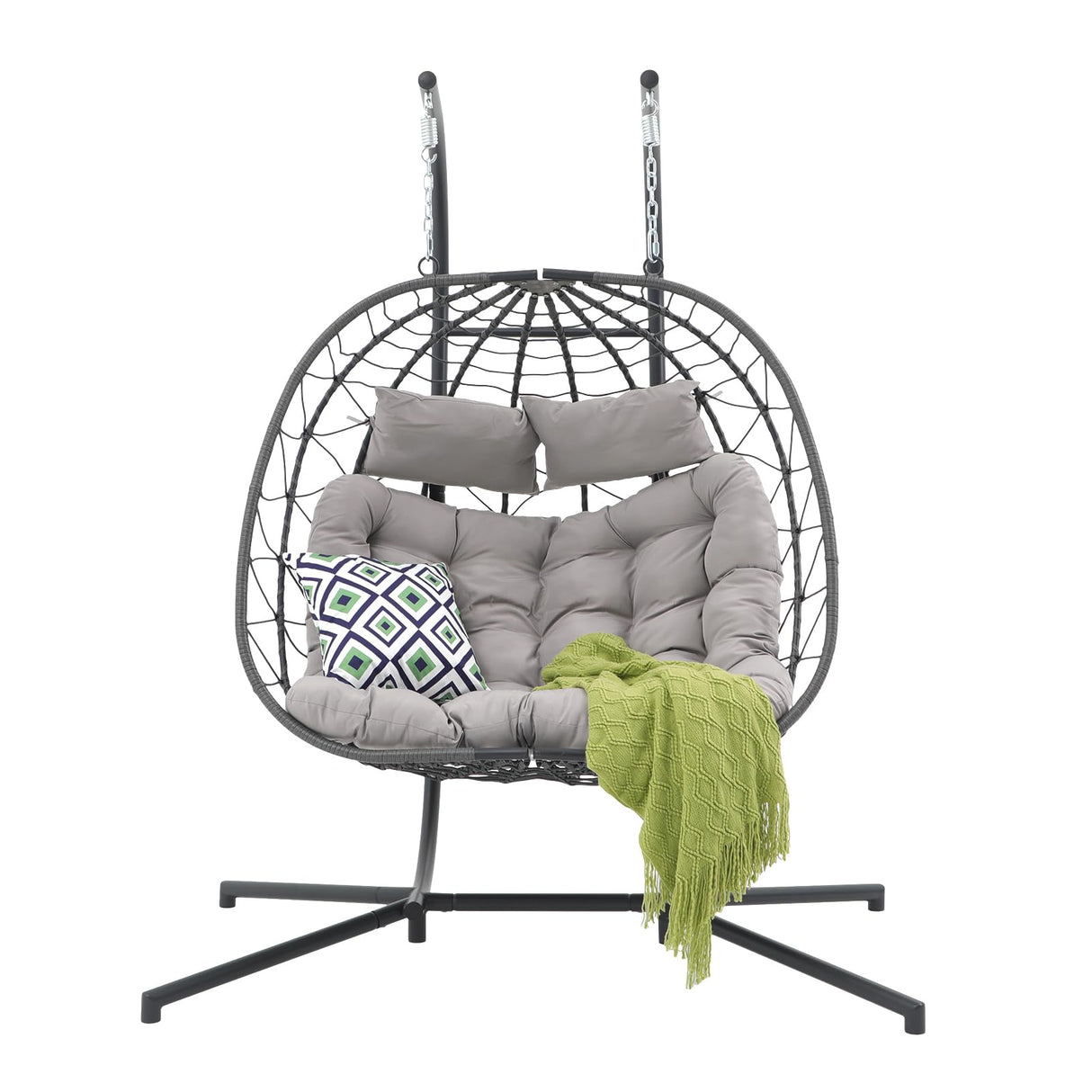 Patiorama 2 Person Double Egg Swing Chair with Stand Indoor Outdoor, Patio Wicker Rattan Hanging Egg Chair w/Cushion, Pillow, Foldable Hammock Chair 550lbs for Bedroom, Balcony, Garden (Light Grey) Patiorama