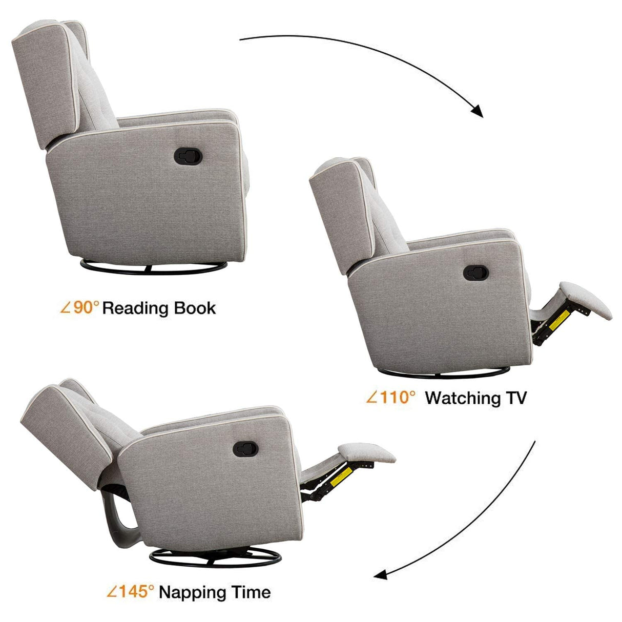 CANMOV Swivel Rocker Recliner Chair, Nursery Glider Chair, Nursery Rocking Chairs, Manual Reclining Chair, Grey CANMOV