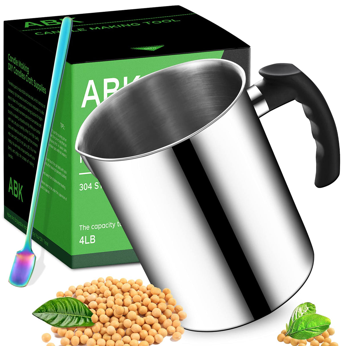 ABK Candle Making Pouring Pot, 1800ml/60oz Double Boiler Wax Melting Pot, 304 Stainless Steel Candle Making Pitcher with Heat-Resistant Handle and Dripless Pouring Spout Design,1Pc Spoon ABK