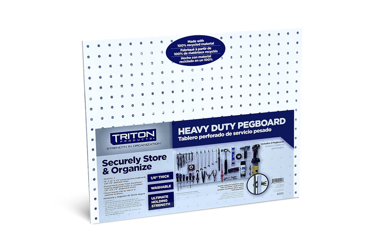 Triton Products Heavy Duty Poly Pegboards - Set of 2 DuraBoard Wall Panels, Each 22" x 18" x 1/4" with 1/4" Holes for Home, Office, Garage, Storage and Organization (White) Triton Products