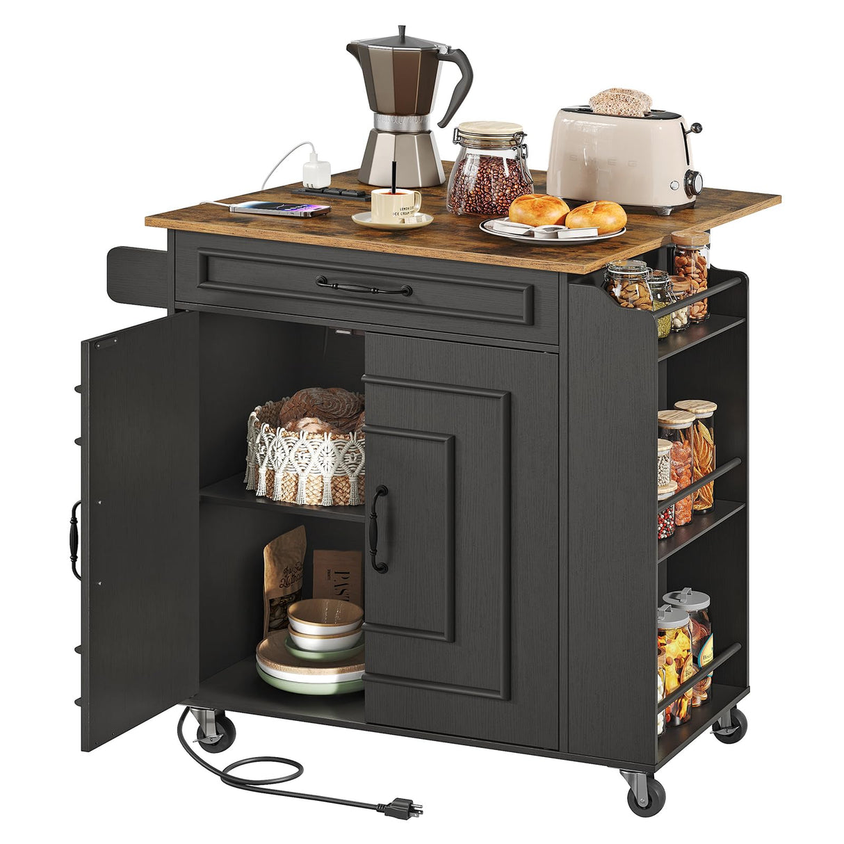 RALGEND Kitchen Island with Power Outlets & Drop Leaf, Rolling Kitchen Cart on Wheels, Kitchen Storage Island with Spice Rack and Drawer for Kitchen, Dinning Room, Black and Rustic Brown RALGEND
