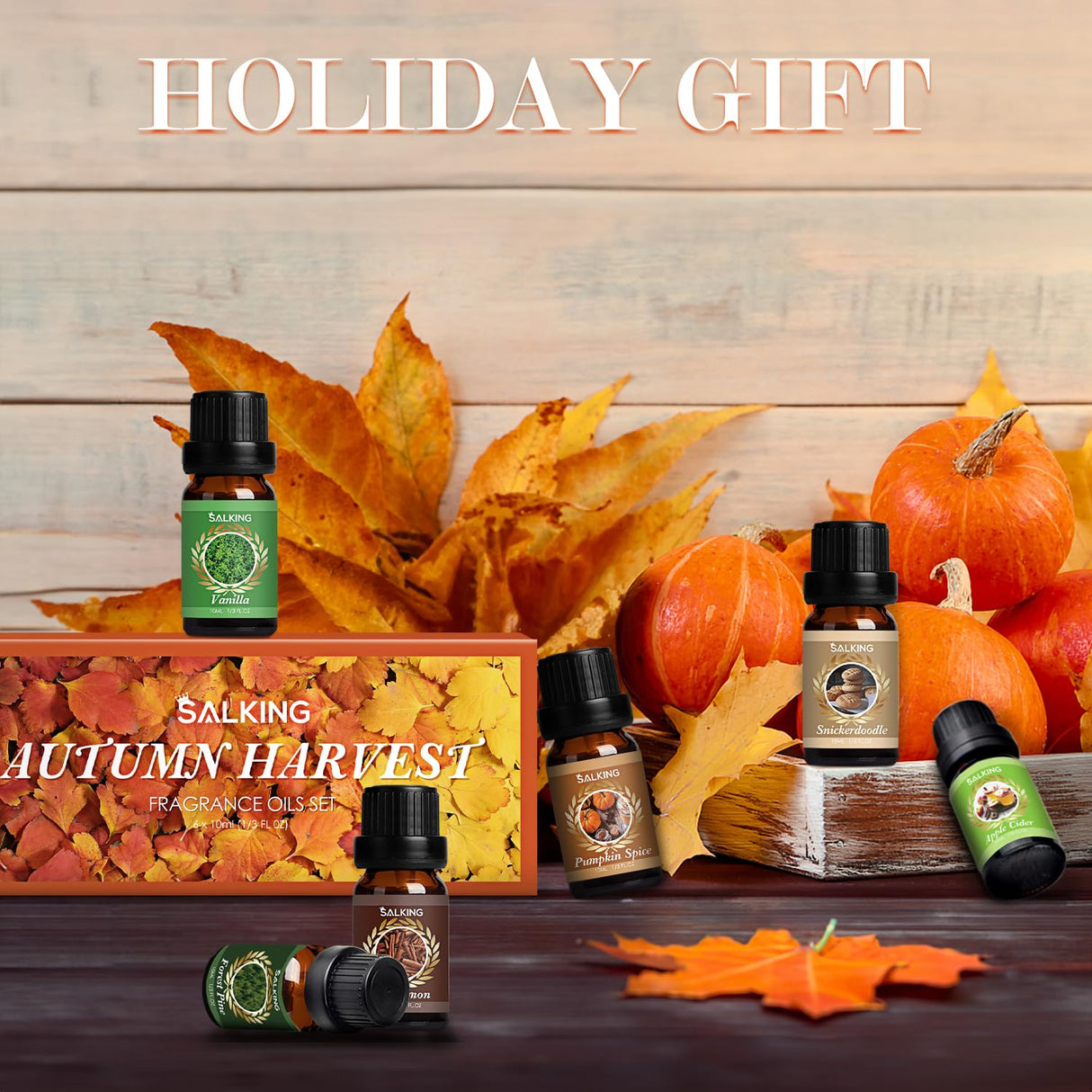 SALKING Autumn Fragrance Oils, Premium Fall Essential Oils for Diffuser, Scented Oils Gift Set for Soap Candle Making Scents - Cinnamon, Pumpkin Spice, Apple Cider, Vanilla, Forest Pine, Snickerdoodle SALKING
