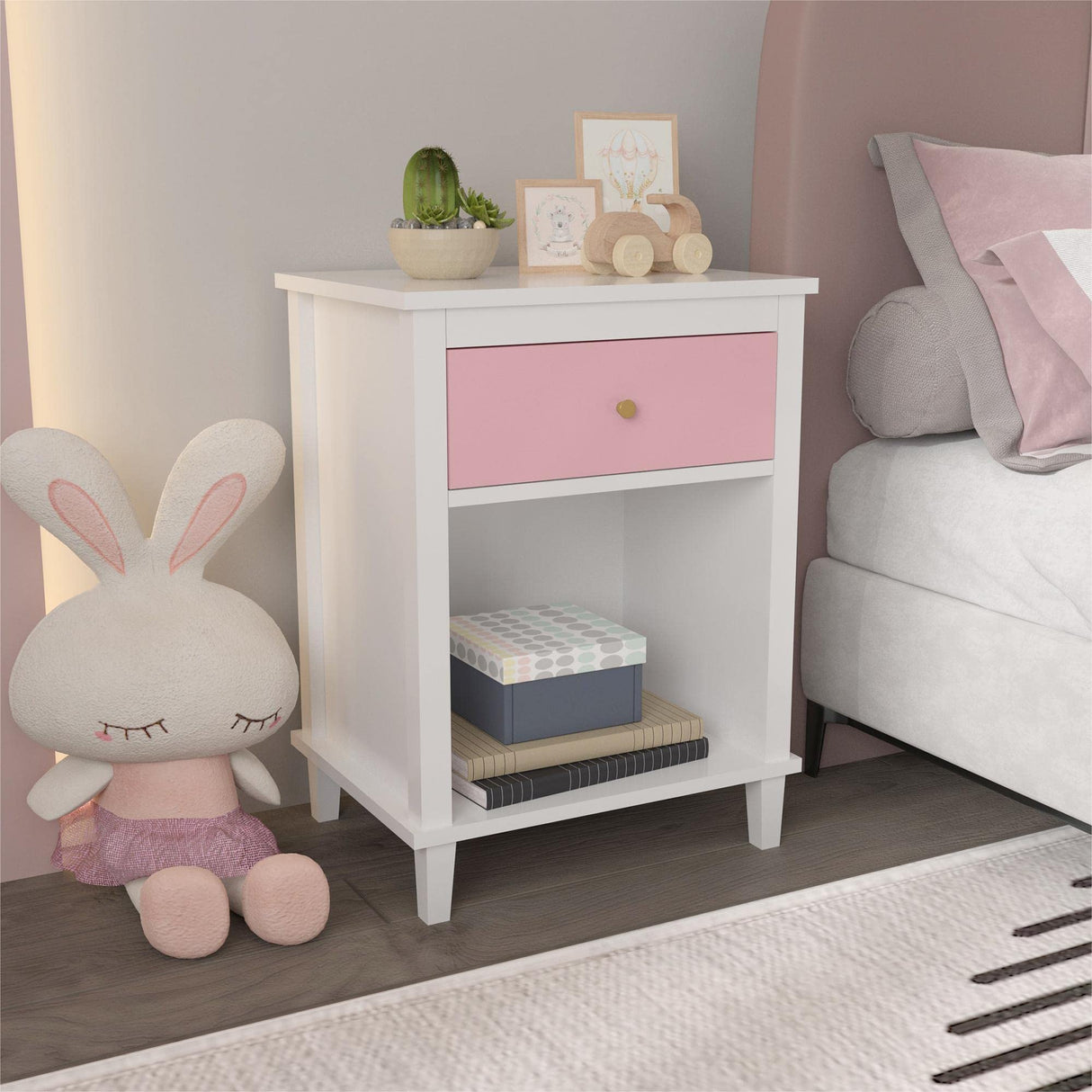 CEMKAR Wooden Nightstand, Bedroom Nightstand with 1 Drawer and 1 Open Compartment, Kids Nightstand (White+Pink) CEMKAR