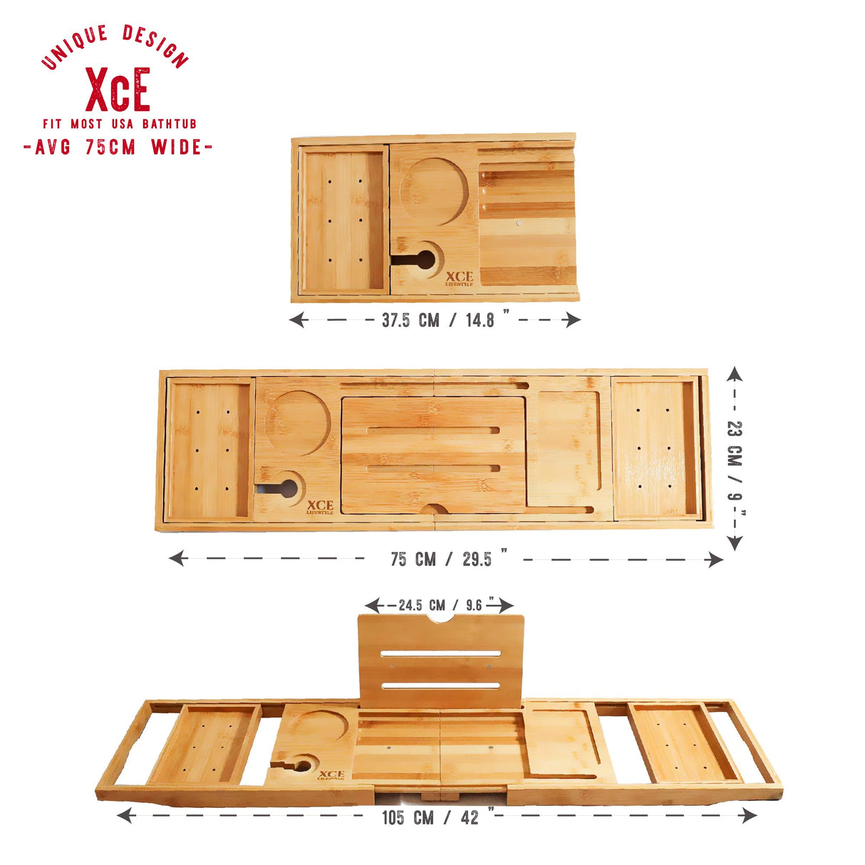 XcE Foldable Bathtub Tray Expandable to 105cm for Luxury Bath, Bath Tray for Bathtub (Bamboo) XcE
