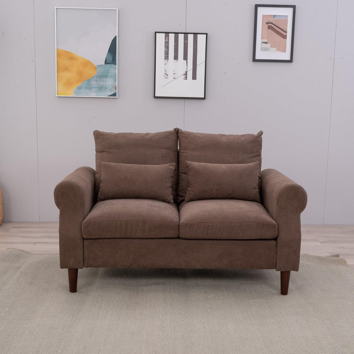 Panana Modern Sofa 54.5" Loveseat Couch with Cushion Back and Arms, 2 Seater Sold Wood Legs Sofa (Brown Linen, Rolled arm) Panana