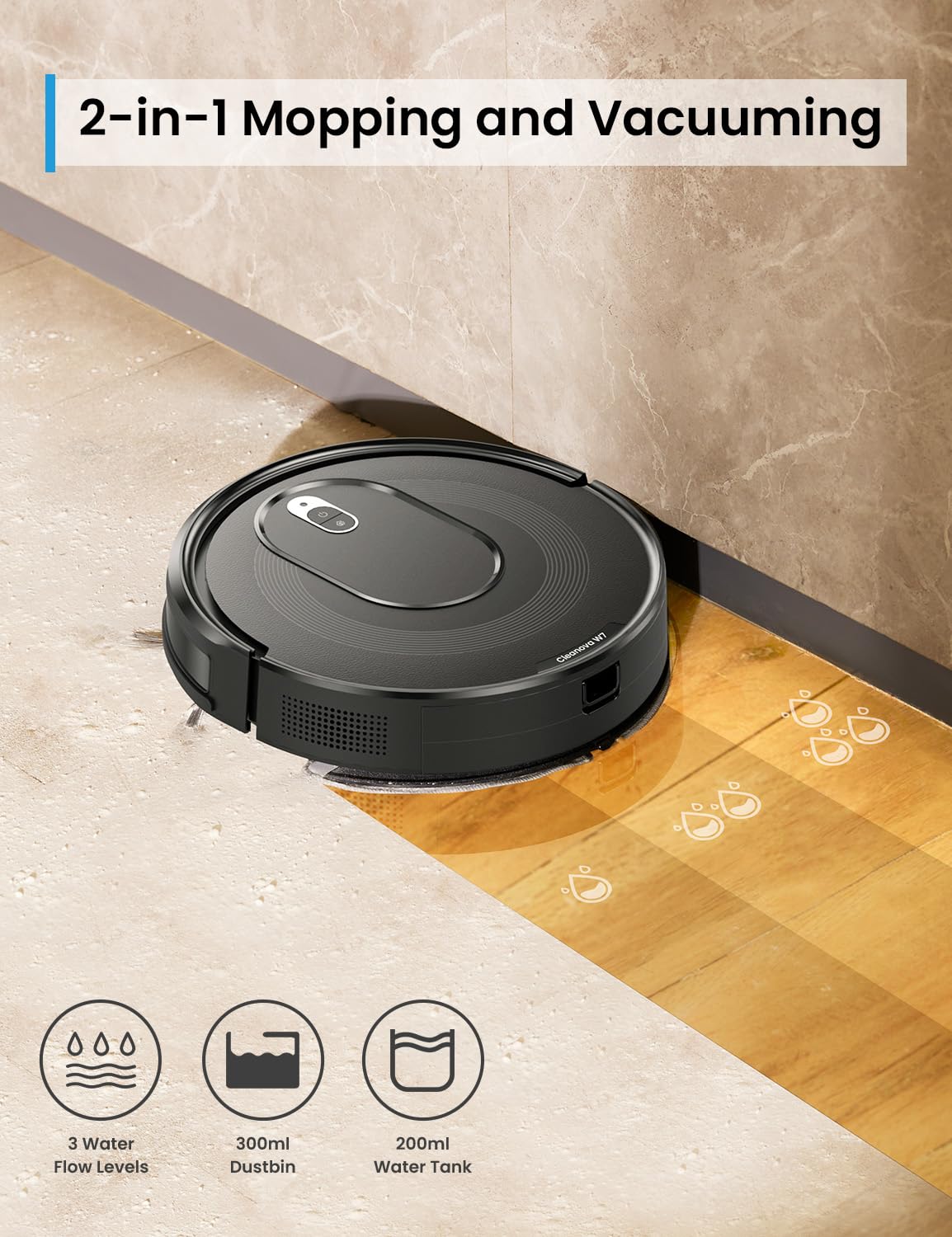 PSUK W7 Robot Vacuum and Mop Combo, Suction Port for Pet Hair, 2 in 1 Mopping Robotic Vacuum Cleaner with Watertank and Dustbin, Self-Charging, Slim, Max 120mins Runtime for Hard Floor (Black) PSUK