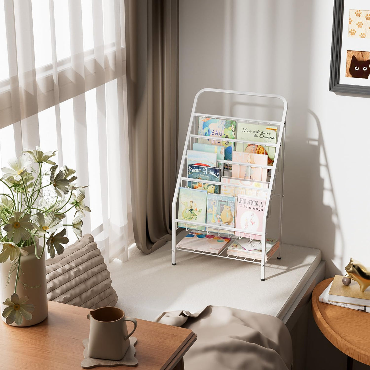 JAQ Kids Bookshelf, 4-Tier Metal Sling Kid Display Bookshelves Bookcase with Toy Storage in Baby Corner Library Room Classroom Playroom for Toddlers Nursery Children (4-tier/28.35inch, White) JAQ