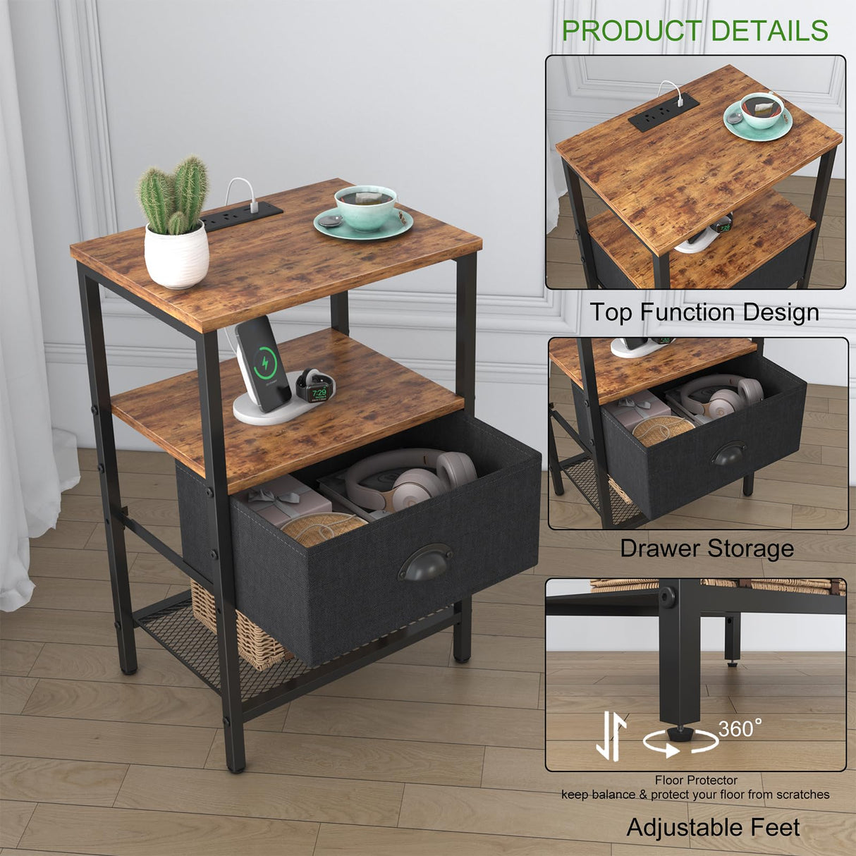 Sthmec Nightstands with Charging Station, LED Bedside Tables with Charging Station and Fabric Drawer, Night Stand with Storage, 3 Tier Side Table with Open Shelf,Nightstand Bedside Table,Rustic Brown WoodArtSupply