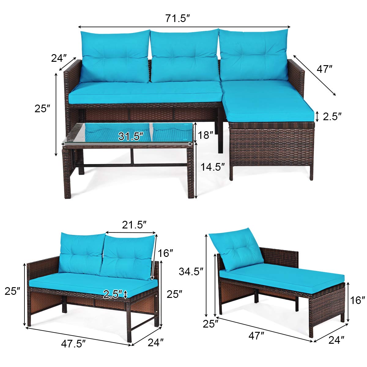 Tangkula Patio Corner Sofa Set 3 Piece, Outdoor Rattan Sofa Set, Includes Lounge Chaise, Loveseat & Coffee Table, Patio Garden Poolside Lawn Backyard Furniture Tangkula