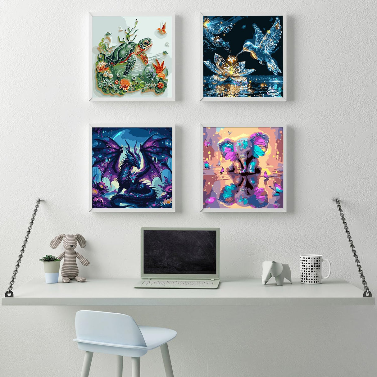 4 Pack Animals Paint by Numbers Kit for Adults Beginner,DIY Hummingbird Sea Turtle Painting by Numbers Kits,Dragon Elephant With Brushes and Acrylic Paint(With Frame),Home Wall Decor 10 x 10 in AREOPNMG