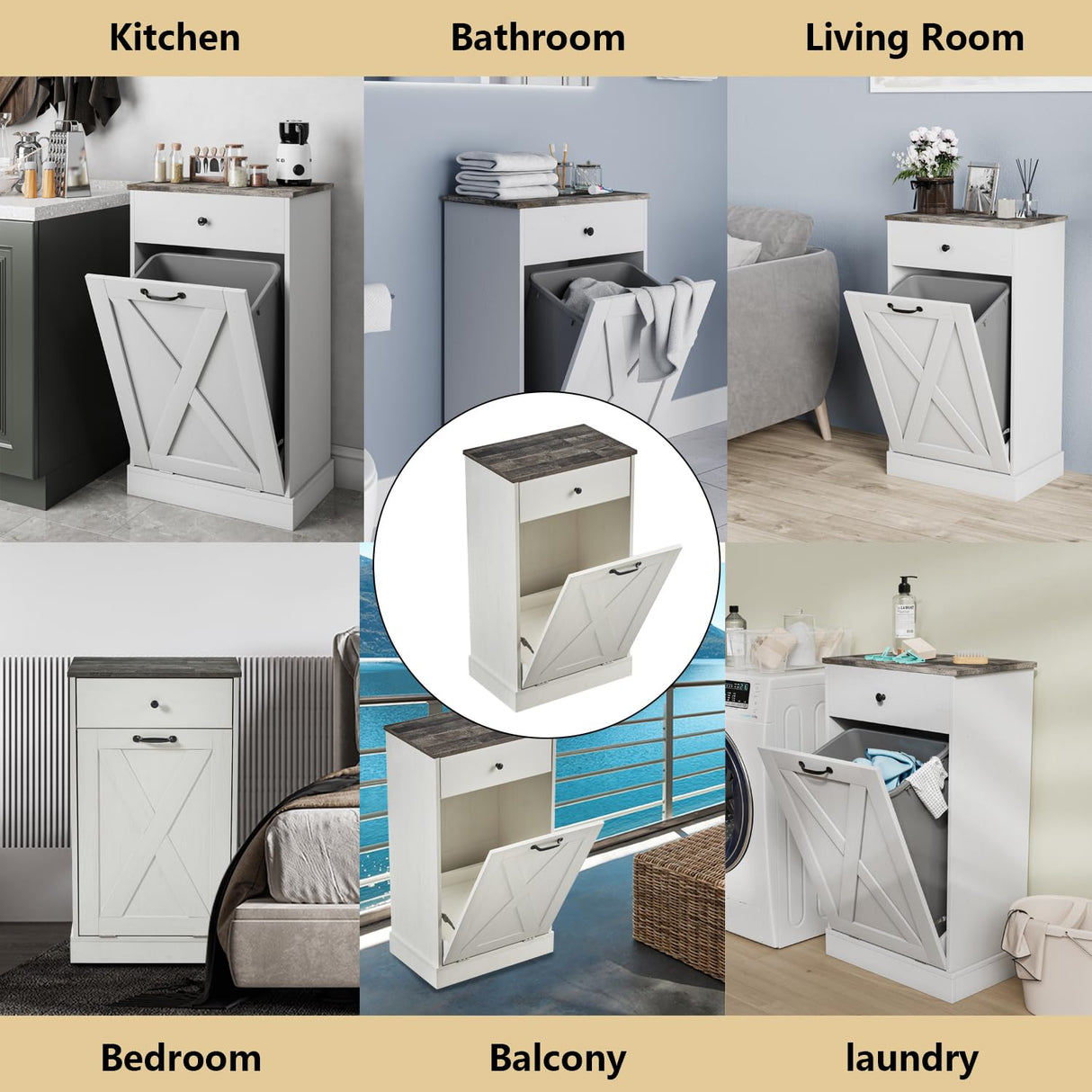 Bocarali Tilt Out Trash Cabinet, 10 Gallon Wood Free Standing Laundry Sorter Trash Can with Drawer, Kitchen Garbage Can Recycling Bin Cabinet for Living Room Bathroom, White Bocarali