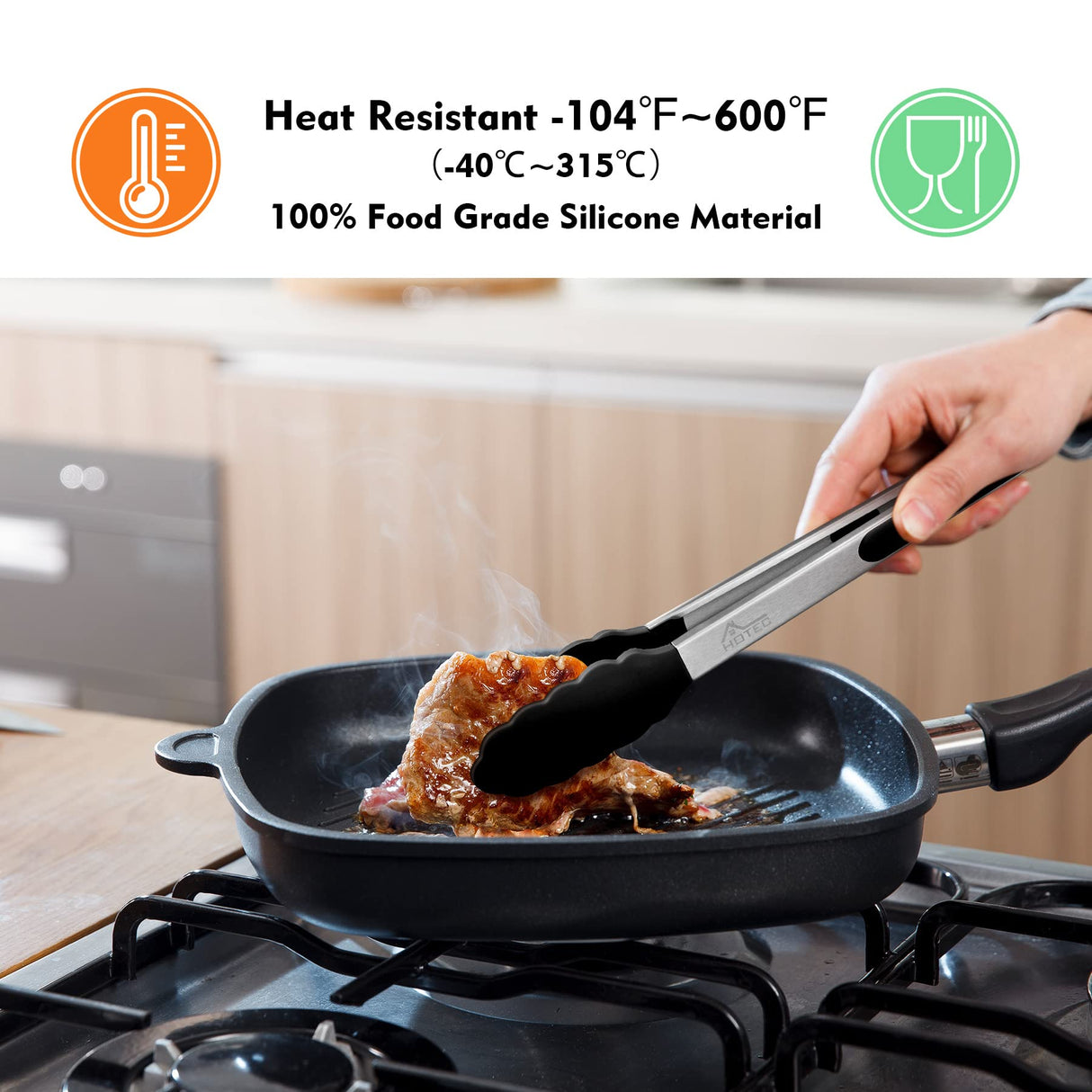 HOTEC Premium Stainless Steel Locking Kitchen Tongs with Silicon Tips, Set of 2-9" and 12" HOTEC