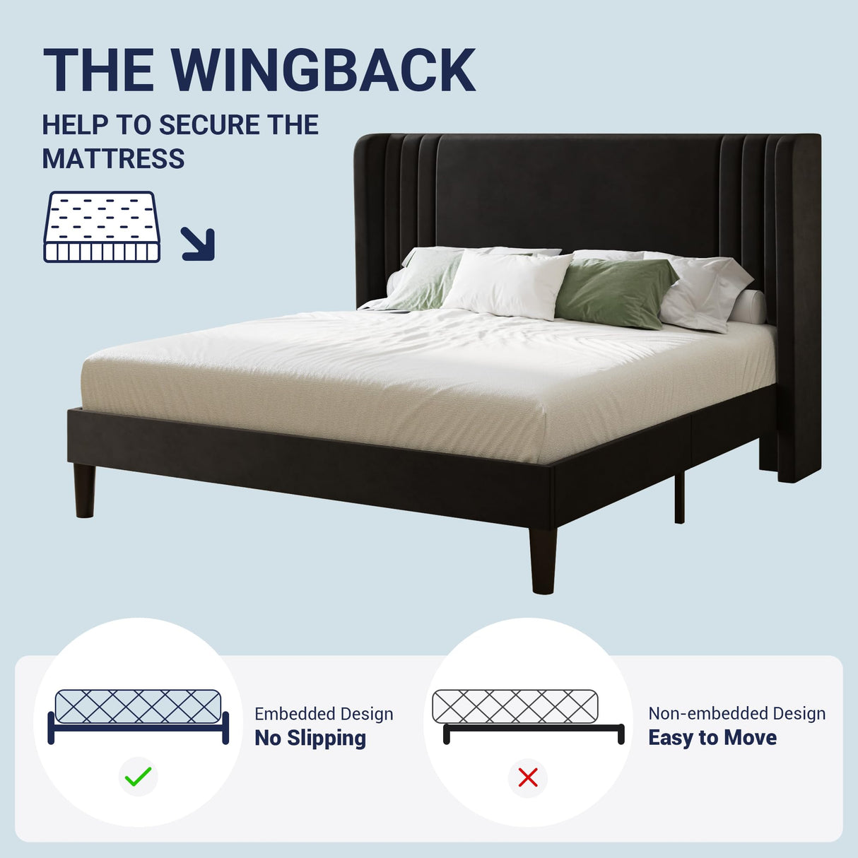 Allewie Queen Size Velvet Platform Bed Frame with Vertical Tufted Wingback Headboard, Easy Assembly, Under Bed Storage, No Box Spring Required, Modern Style, Black Allewie