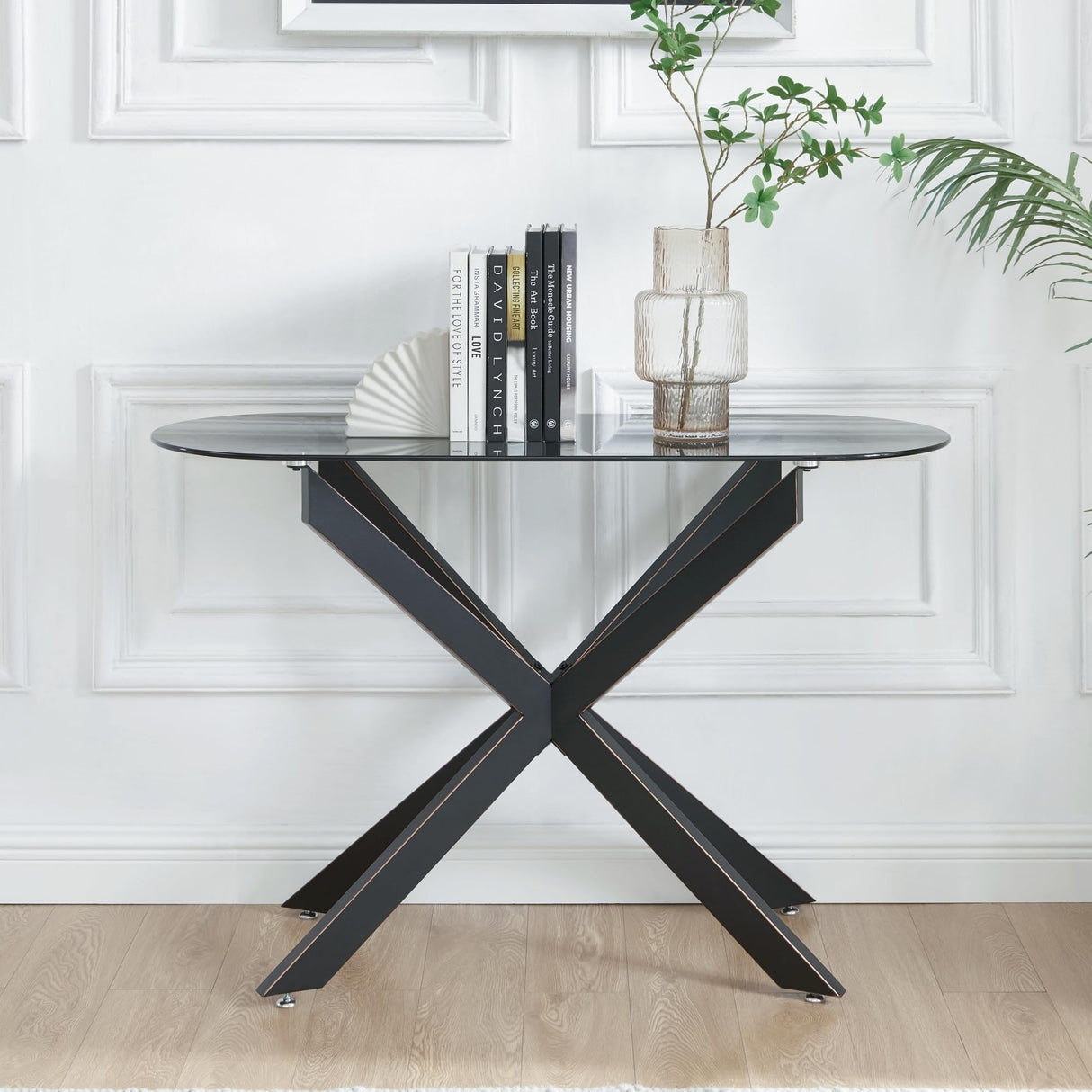 Modern Glass Oval Console Table, Entryway Hallway Narrow Sofa Table, Entrance for Entryway, Living Room, Foyer, Hallway, Office, 45" Lx18 Wx30 H Black Edwin's Choice
